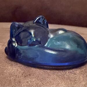 Blue Glass Sleeping Cat Figurine